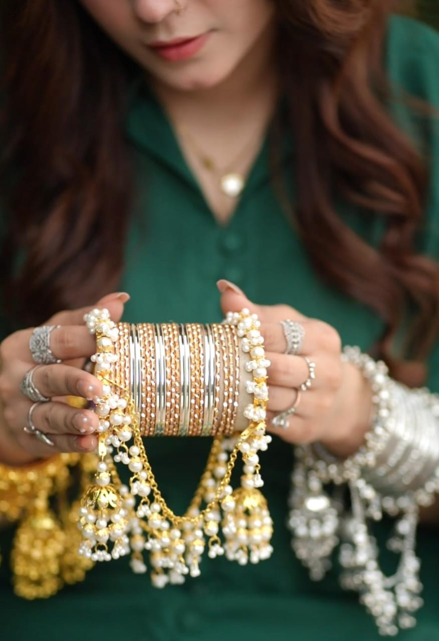 Royal Pearl & Gold Bangle Set with Jhumka Hangings
