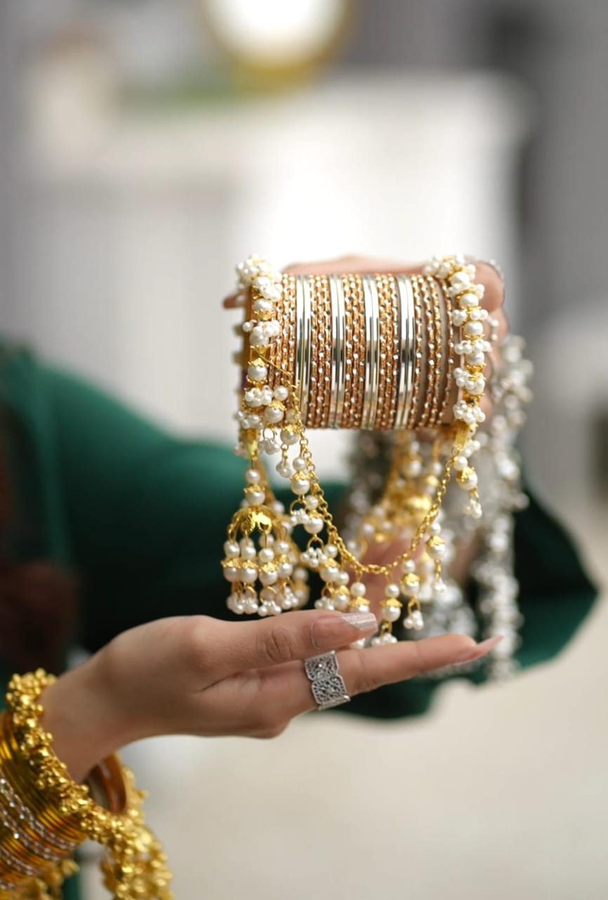 Royal Pearl & Gold Bangle Set with Jhumka Hangings