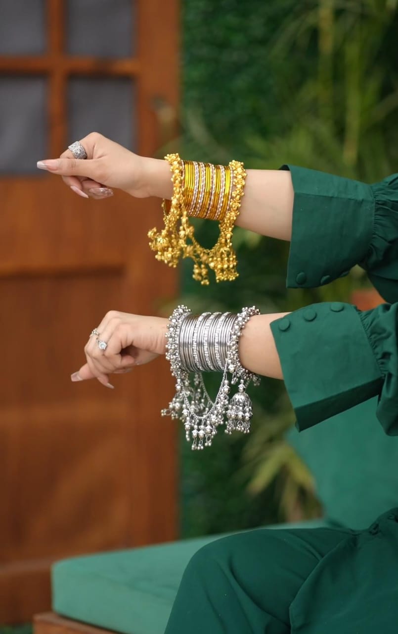 Royal Pearl & Gold Bangle Set with Jhumka Hangings