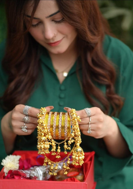 Royal Pearl & Gold Bangle Set with Jhumka Hangings
