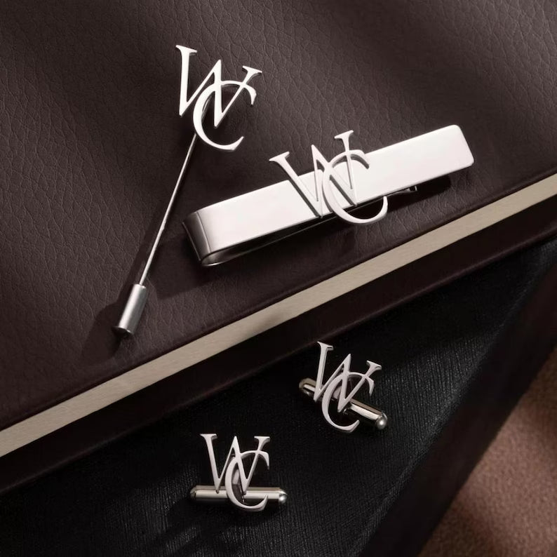 Personalized Stainless Steel Cufflink, Tie Bar & Lapel Pin Set