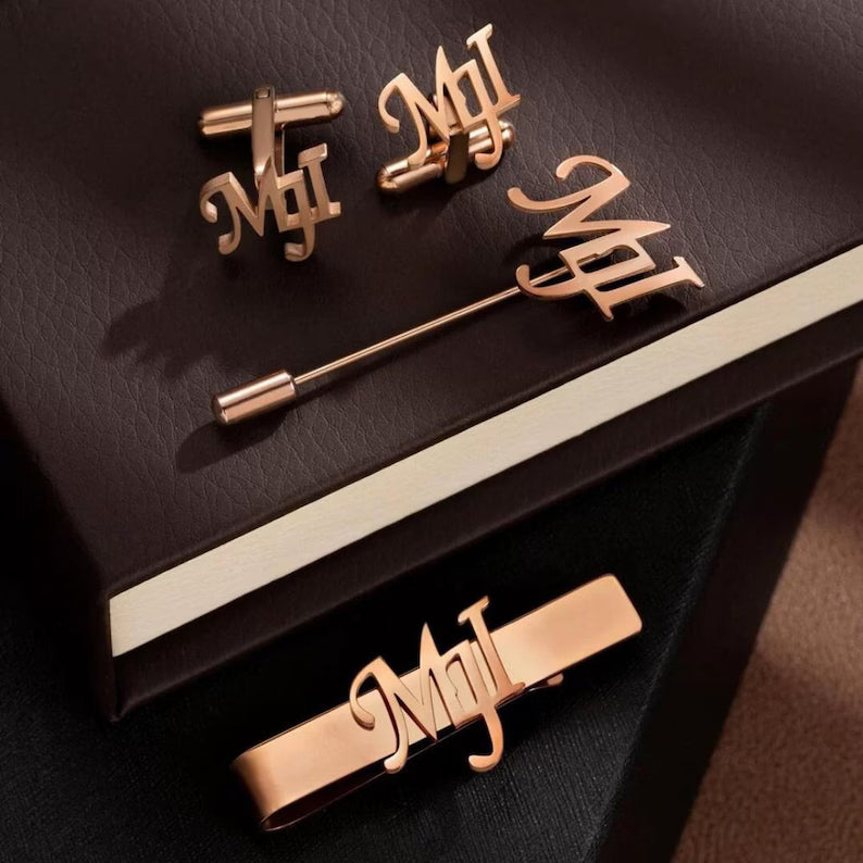 Personalized Stainless Steel Cufflink, Tie Bar & Lapel Pin Set