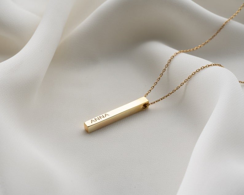 Personalized 3D Vertical Bar Necklace – Custom Engraved One - Sided Pendant Gift - Ring Reza