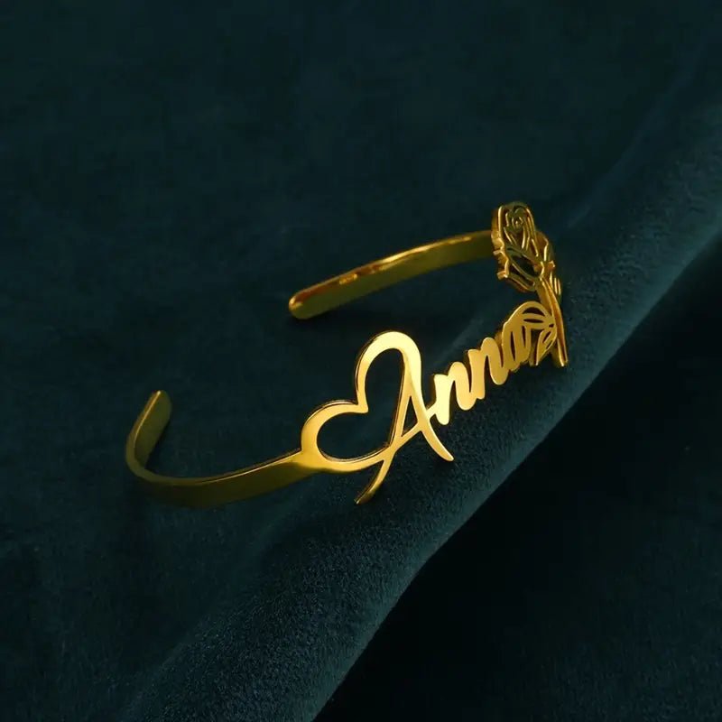 Personalized Rose Heart Name Bracelet – Adjustable Open Design - Ring Reza