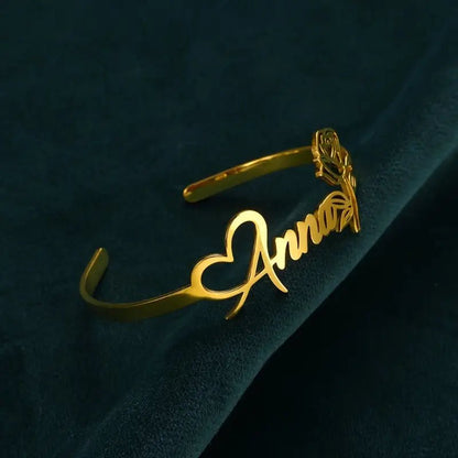 Personalized Rose Heart Name Bracelet – Adjustable Open Design - Ring Reza