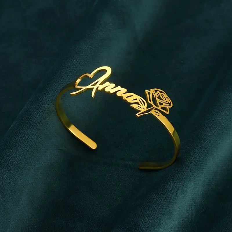 Personalized Rose Heart Name Bracelet – Adjustable Open Design - Ring Reza