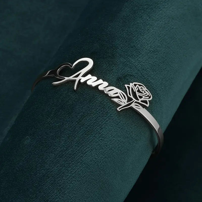 Personalized Rose Heart Name Bracelet – Adjustable Open Design - Ring Reza